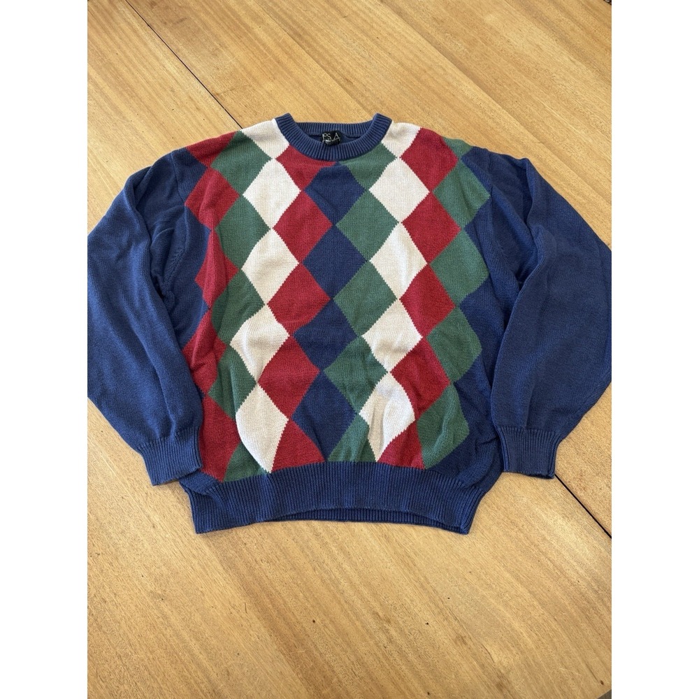 Vintage Jos A Bank Grandpa Sweater Mens L Blue Red Green Hong‎ Kong Pullover